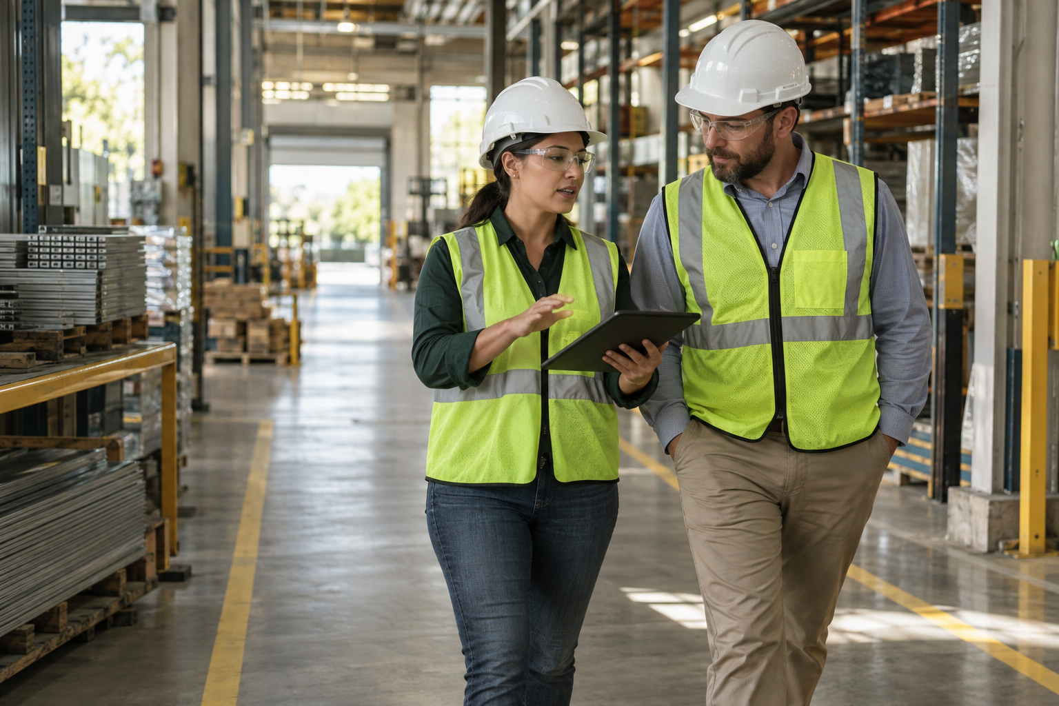 Two safety professionals discussing work in a warehouse